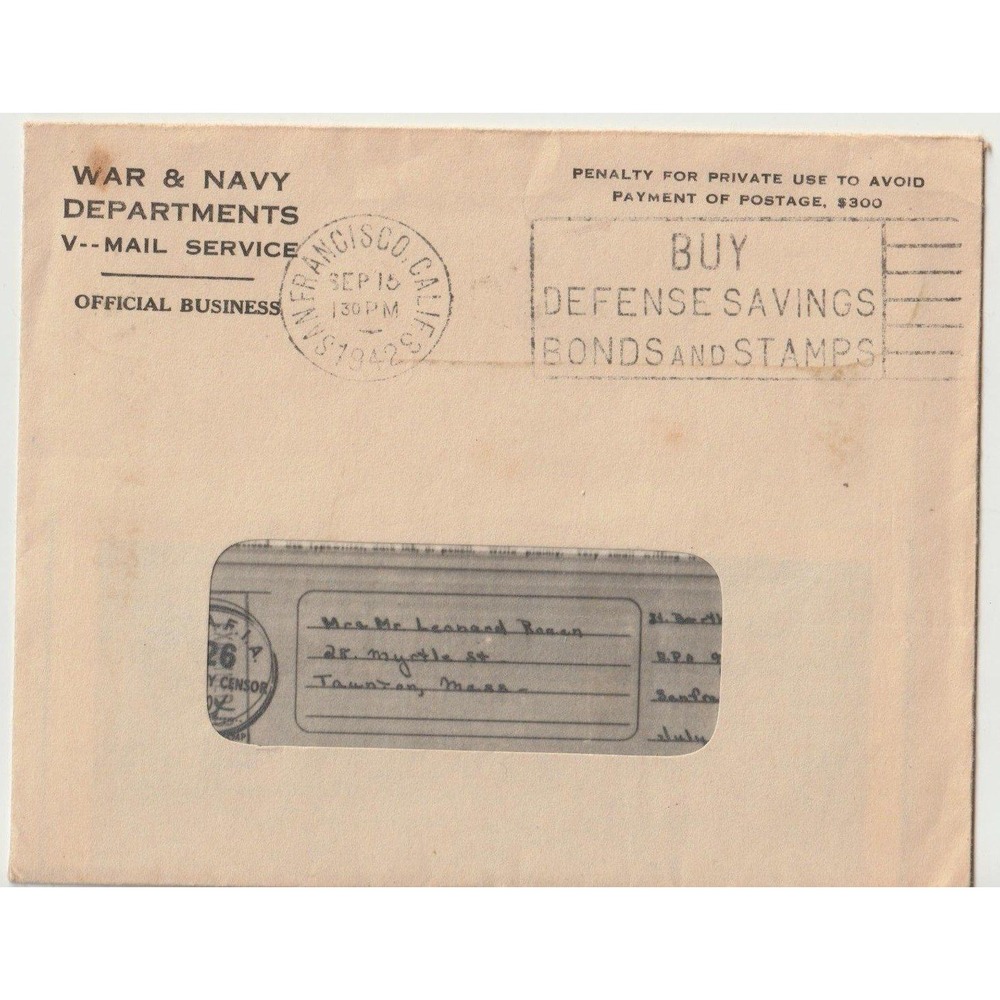Vintage WWII V-Mail Letter 1942 San Francisco Censor Stamp Army Air Force VG-